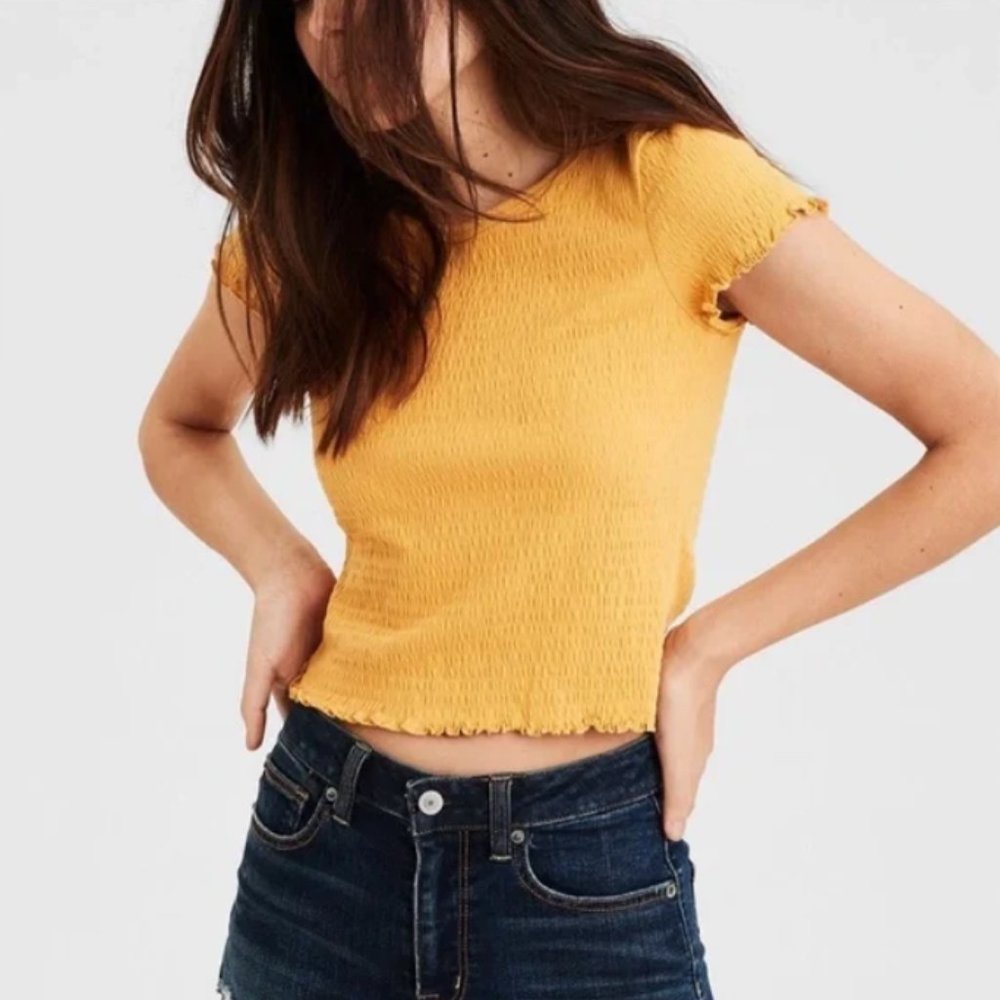 American Eagle Smocked Lettuce Edge Shirt Yellow Size S